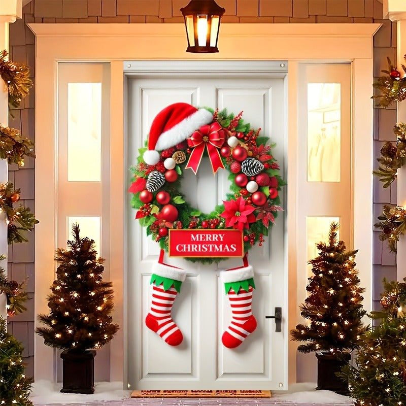 Anillo de Puerta con Gorro de Santa y Calcetín - Decoración Navideña Festiva, Fibra de Poliéster, No Necesita Energía, 89.92x180.09cm, Perfecto para Decoración de Fiestas Interior/Exterior
