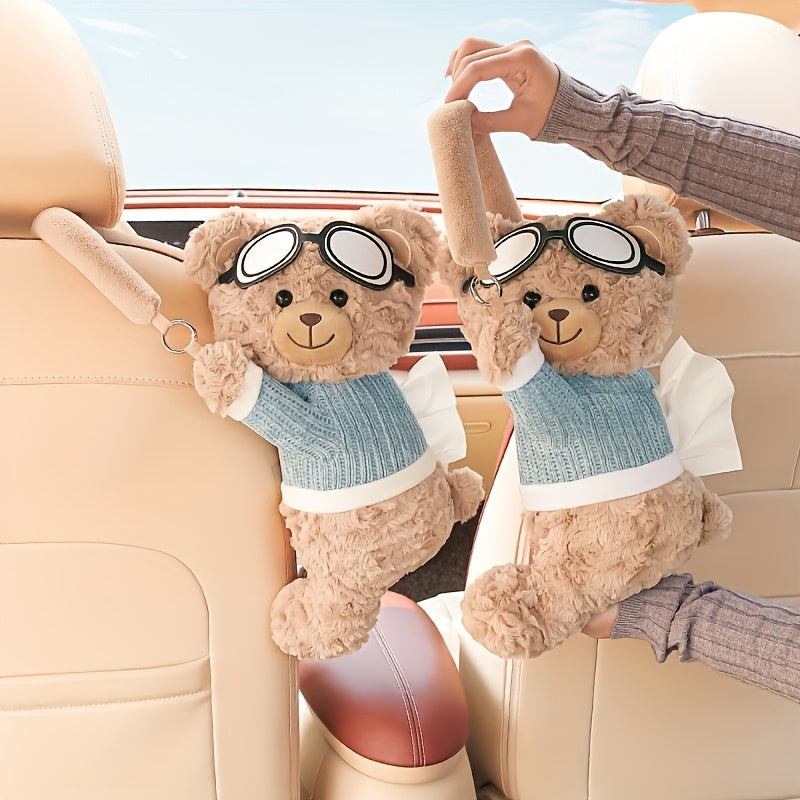Soporte para Toallas de Papel con Respaldo de Asiento de Coche de Oso Lindo - Accesorio de Peluche Suave y Divertido con Ropa Azul de Trabajo y Gafas, Almacenamiento Colgante Multifuncional para Vehículos Ajustables, Organización del Vehículo | Diseño Ju