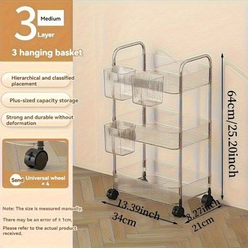 Carrito de almacenamiento acrílico giratorio de 3 niveles, ideal para baño, cocina y sala de estar, caja de pañuelos transparente multicapa con 3 marcos de aleación, diseño giratorio de 360°, carrito portátil, fácil acceso, construcción moderna en plásti