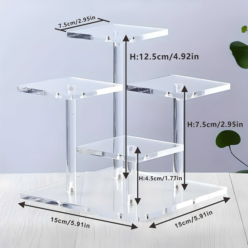 1 Soporte de exhibición moderno y transparente de acrílico - 4 estantes cuadrados desmontables para especias, figuritas, perfumes y joyas, adecuado para almacenamiento de escritorio en dormitorio y sala de estar.