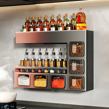 Joybos Estante de Especias de Metal Montado en la Pared con 6 Contenedores Colgantes para Especias - Sellado para Resistencia a la Humedad, Instalación Rápida, Ideal para Almacenamiento de Condimentos de Alimentos