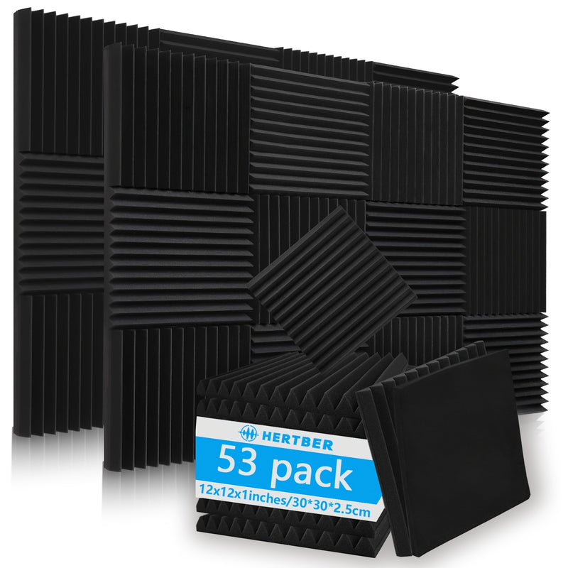 53 Paquete de paneles de espuma acústica negra, 30,48X30,48X2,54 cm de alta densidad para insonorización para estudios de grabación, teatros en casa, oficinas, salas de música, salas de juegos - Baldosas de espuma para reducción de ruido para paredes y t