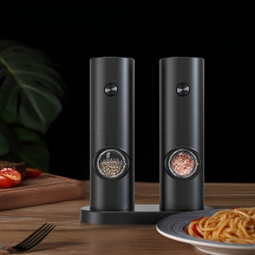 Juego de 2 Molinillos Eléctricos para Sal y Pimienta, Grano Ajustable con Luz LED, Base de Almacenamiento, Funciona con Batería, Arranque con Una Mano, Material ABS, Esencial en la Cocina, Regalo Perfecto