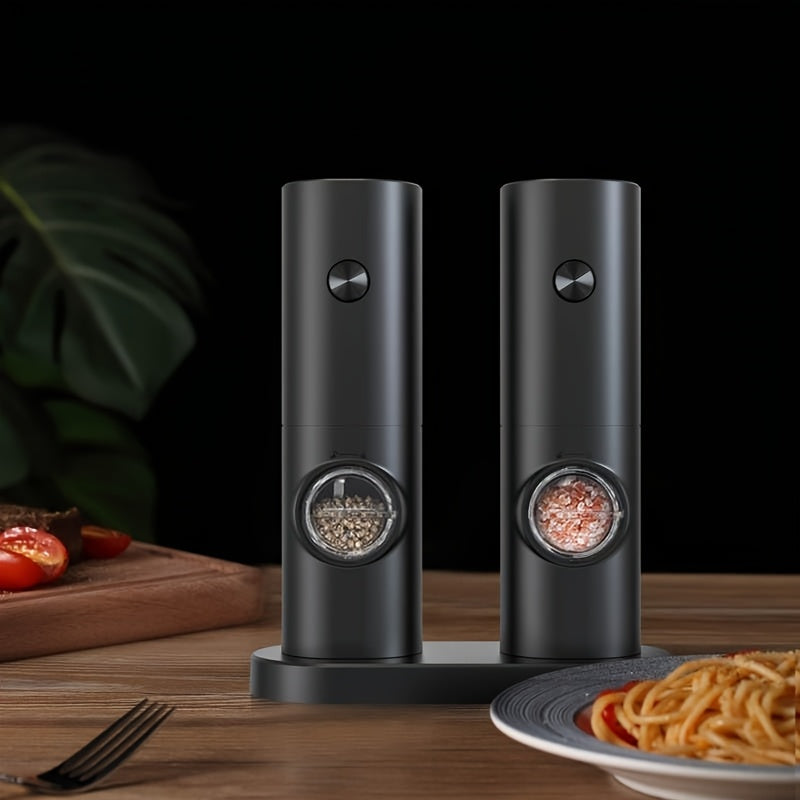 Juego de 2 Molinillos Eléctricos para Sal y Pimienta, Grano Ajustable con Luz LED, Base de Almacenamiento, Funciona con Batería, Arranque con Una Mano, Material ABS, Esencial en la Cocina, Regalo Perfecto