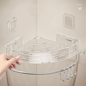 Estante de esquina transparente: Organizador para baño o cocina - Montado en la pared, adecuado para varios tipos de habitaciones, con 5 ganchos para almacenamiento adicional Decoraciones de Halloween y Navidad