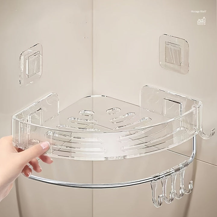 Estante de esquina transparente: Organizador para baño o cocina - Montado en la pared, adecuado para varios tipos de habitaciones, con 5 ganchos para almacenamiento adicional Decoraciones de Halloween y Navidad
