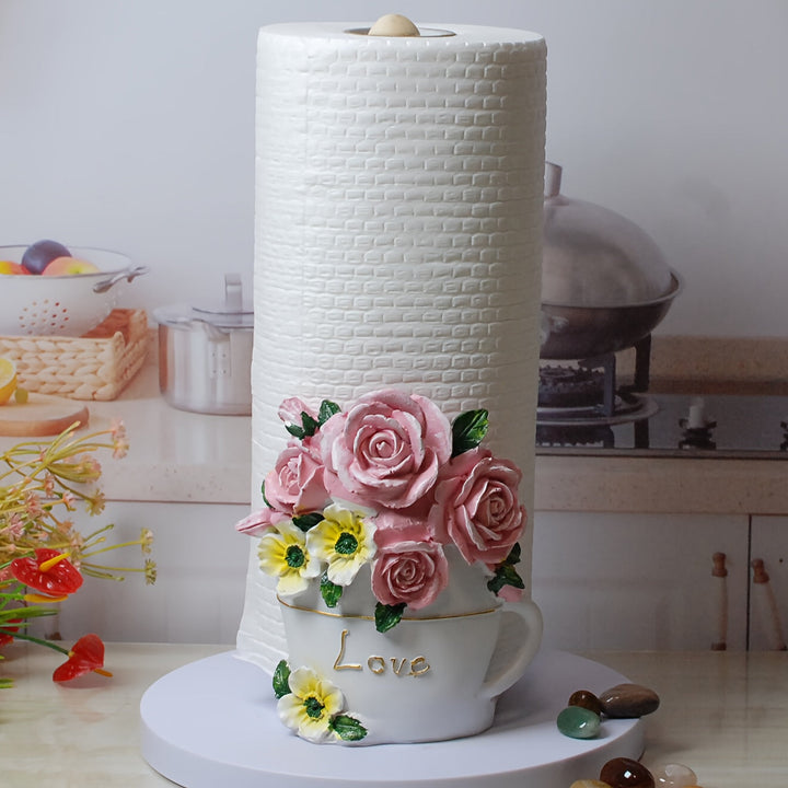 1pieza Elegante Diseño de Rosa de Resina Portarrollos de Papel con Base de Taza de Té con "Amor" - Ideal para Decoración de Cocina, Accesorio de Mostrador | Tema de Decoración de Flores | Loza de Cocina Duradera, Portarrollos de Papel