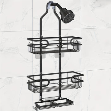 Organizador de Baño Colgante Ajustable de 3 Niveles en Negro con Ventosas - Sin Taladro, con Ganchos y Plato para Jabón, Soporte de Ducha, Cesta