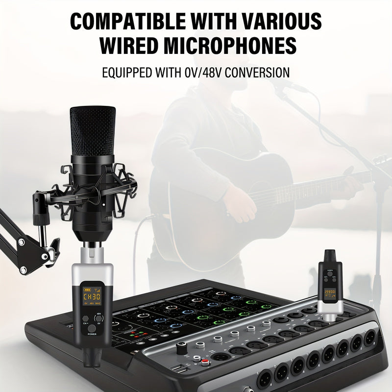 Kit de transmisor y receptor inalámbrico de micrófono de 48V/0V con entrada XLR - Sistema inalámbrico 2.4G/3G/4G/5G para micrófonos dinámicos y condensadores, sistema de altavoces controlado por volumen, batería de litio recargable, sin cargador incluido