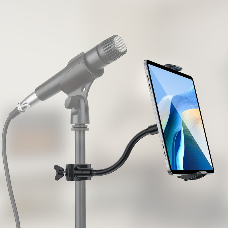 LuoMulong 24" (61cm) Soporte de micrófono de cuello de ganso largo negro con soporte para teléfono inteligente - Aleación de aluminio duradera, ideal para transmisión en vivo, grabación y conciertos al aire libre, equipo de conciertos al aire libre | Sop
