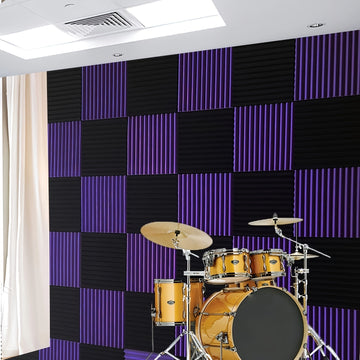 Conjunto de 48 Cuñas Acordeónicas Negras y Moradas - Paneles de Pared Insonorizantes de 30.48cm x 30.48cm x 2.54cm para Grabación en Estudio, Reducción de Ruido e Isolamiento de Instrumentos Musicales (24 Negros + 24 Morados), Configuración de Aislamient