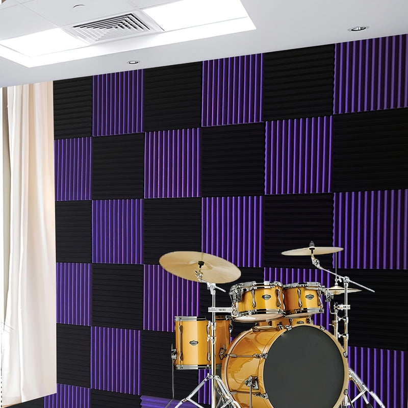 Conjunto de 48 Cuñas Acordeónicas Negras y Moradas - Paneles de Pared Insonorizantes de 30.48cm x 30.48cm x 2.54cm para Grabación en Estudio, Reducción de Ruido e Isolamiento de Instrumentos Musicales (24 Negros + 24 Morados), Configuración de Aislamient