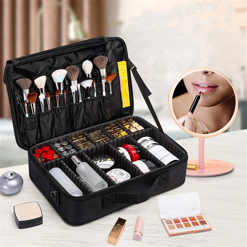 1pc Estuche Organizador de Maquillaje Impermeable de Gran Capacidad con Compartimentos Ajustables, Porta Brochas Desmontable y Espejo, Múltiples Bolsillos para Viajes, Uso Diario y Profesional
