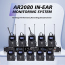 Sistema inalámbrico de monitoreo de audio LMBGM AR2080-10 UHF de 2 canales, aleación de aluminio, conector de 6.35 mm, alimentado por corriente eléctrica, 110-130V, enchufe estadounidense, ideal para escenarios, bandas, estudios y músicos - Incluye 10 re