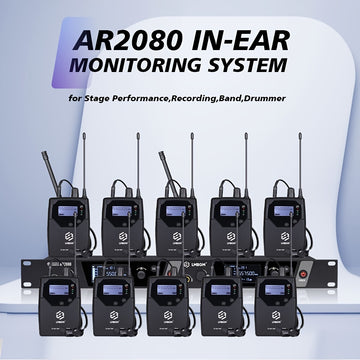 Sistema inalámbrico de monitoreo de audio LMBGM AR2080-10 UHF de 2 canales, aleación de aluminio, conector de 6.35 mm, alimentado por corriente eléctrica, 110-130V, enchufe estadounidense, ideal para escenarios, bandas, estudios y músicos - Incluye 10 re