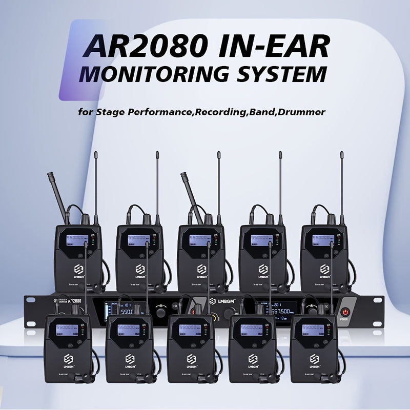 Sistema inalámbrico de monitoreo de audio LMBGM AR2080-10 UHF de 2 canales, aleación de aluminio, conector de 6.35 mm, alimentado por corriente eléctrica, 110-130V, enchufe estadounidense, ideal para escenarios, bandas, estudios y músicos - Incluye 10 re