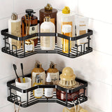 2pcs Estantes de Esquina de Hierro Fundido Lacado en Negro, Organizador de Baño Montado en la Pared con Ganchos, Cestas de Almacenamiento de Acero Inoxidable para Accesorios de Baño, Organizadores y Almacenamiento de Baño