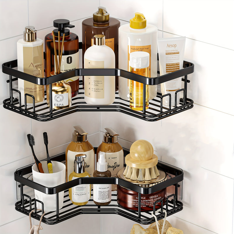 2pcs Estantes de Esquina de Hierro Fundido Lacado en Negro, Organizador de Baño Montado en la Pared con Ganchos, Cestas de Almacenamiento de Acero Inoxidable para Accesorios de Baño, Organizadores y Almacenamiento de Baño
