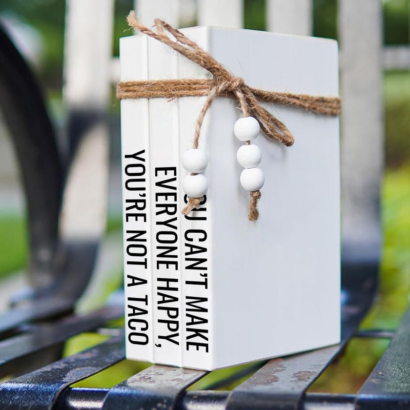 Conjunto de 3 Libreros Decorativos de Madera Blancos, Decoraciones Rústicas de Estilo Granja, Librero para Mesa de Café con Libros Falsos y Borlas de Cuentas de Madera para Decoración Moderna del Hogar