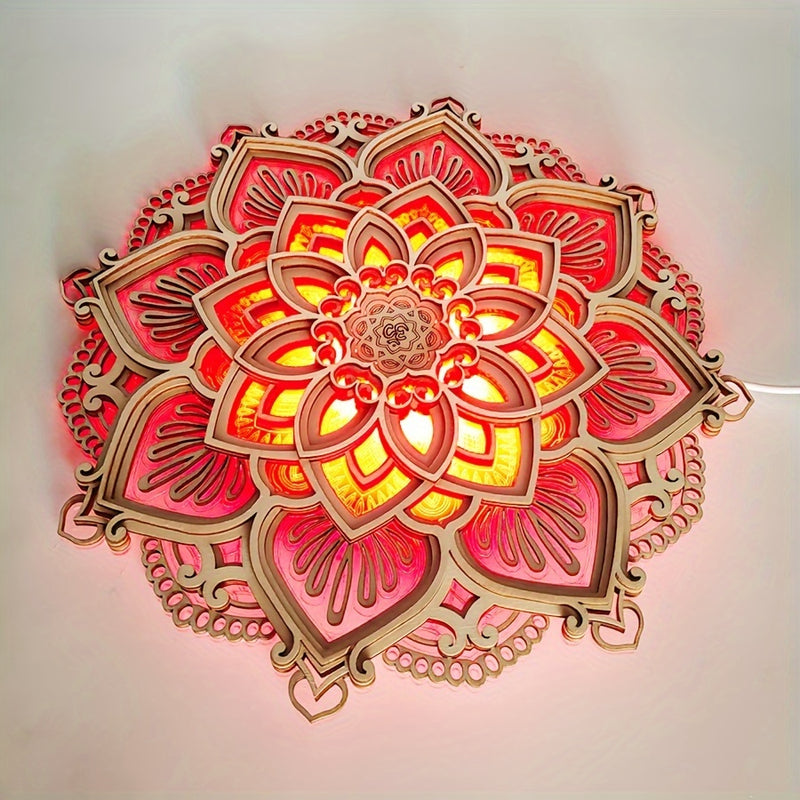 Luz nocturna LED de ambiente mandala de madera, regalos creativos tallados tridimensionales, artesanías colgantes de decoración para el hogar, regalos de Navidad, cumpleaños