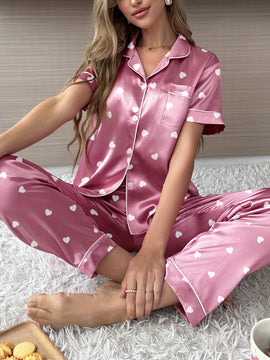 Pijama de manga corta con cuello estampado de corazones y pantalón largo, conjunto para estar en casa