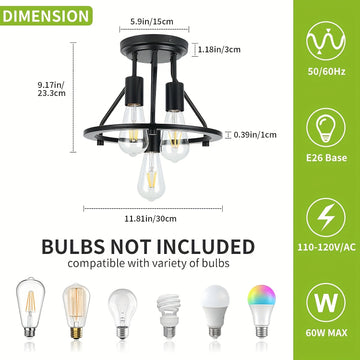 1 pieza de luz de techo semi-inclinada 3 luces - Luces de pasillo, luces de cocina industrial de granja, enchufe E26 de entrada, negro y dorado, base E26, 85V-265V, sin batería, material de hierro, para instalación eléctrica/hard wiring de habitación