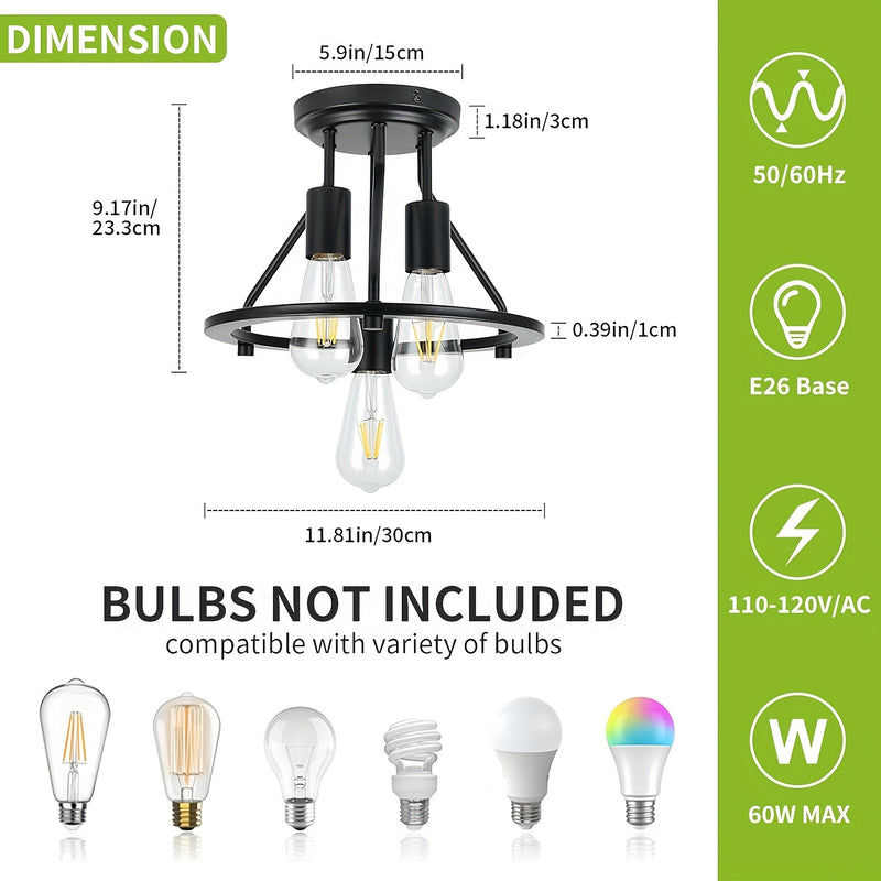 1 pieza de luz de techo semi-inclinada 3 luces - Luces de pasillo, luces de cocina industrial de granja, enchufe E26 de entrada, negro y dorado, base E26, 85V-265V, sin batería, material de hierro, para instalación eléctrica/hard wiring de habitación