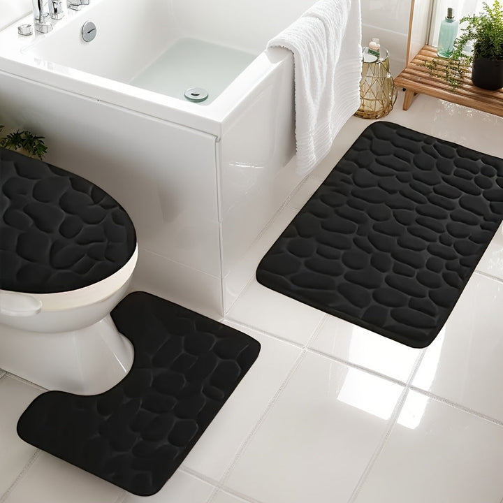 Juego de Alfombras para Baño de Espuma Viscoelástica 3 piezas - Ultraluertas y Absorbentes Antideslizantes en Forma de U para Inodoro, Alfombrillas Lavables a Máquina para Ducha y Bañera con Base de Fieltro, Tapetes Negros para el Suelo del Baño por Segu