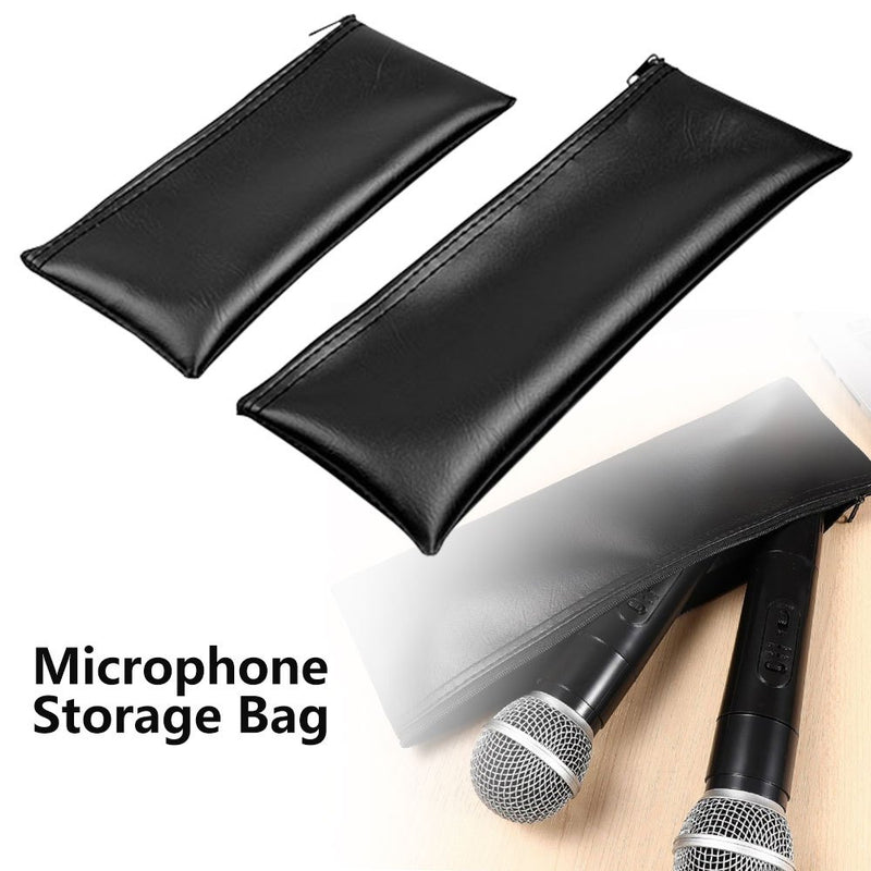 Bolsa de almacenamiento de micrófono de cuero sintético negro con cremallera - Estuche protector de choque para micrófonos inalámbricos y con cable, diseño compacto para un fácil transporte, estuche de almacenamiento de micrófono, cierre de cremallera se