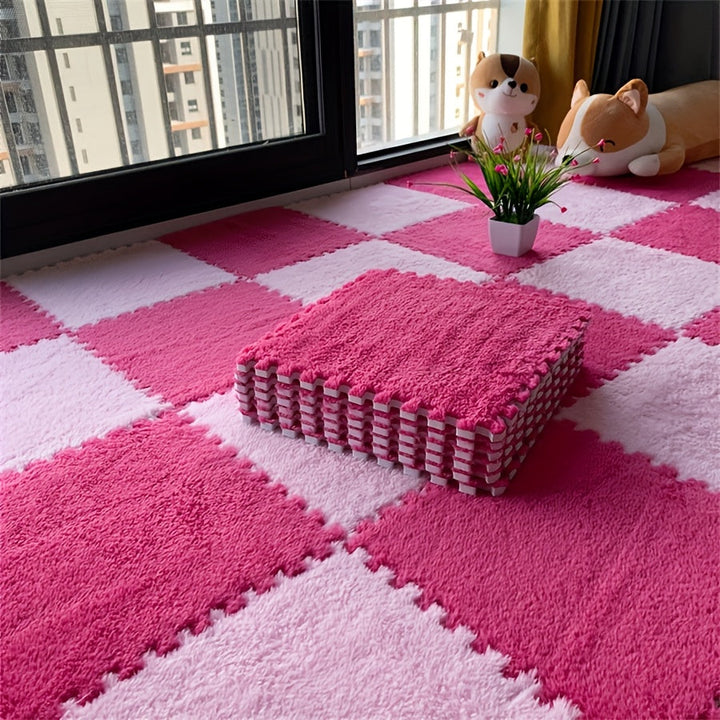 12 piezas Alfombras de Área Suaves, Baldosas de Alfombra de Poliéster Cuadradas, Alfombras Interbloqueables Lavables, 29.97 x 29.97 cm, con Lavar a Mano Sólo, para Dormitorio, Sala de Estar y Ventana de Bahía