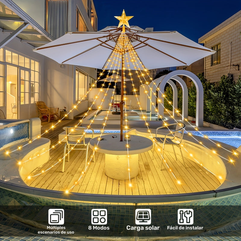 Luces de cadena con cascada de estrellas, 1 unidad, energía solar, 8 modos, ≤36V, plástico PPSU, batería de litio, para jardín, ventana, cortina, patio, árbol de Navidad, fiesta, hogar, boda, decoración navideña