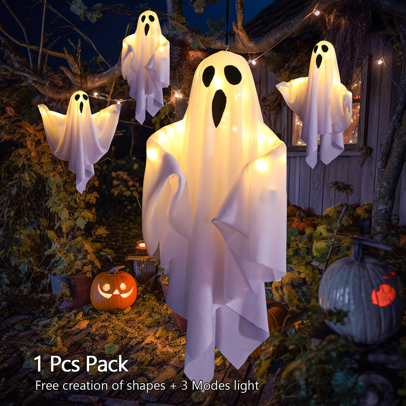 Luces LED de Halloween | Fantasmas de Tela de 20 Pulgadas con Ojos Iluminados | Decoraciones Exteriores Alimentadas por Batería para Jardín, Patio y Árboles | Modos de Iluminación Múltiples | Incluye Cuerda para Colgar | Ideal para Festivales de Otoño, L