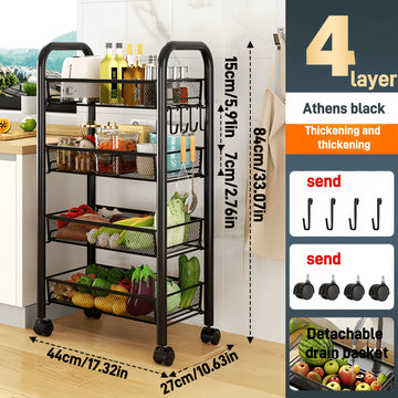 Carrito Multifuncional de Malla con Ruedas, 3-4 Capas Opcionales, Carrito de Almacenamiento de Cocina Metálico, con 3-4 Cestas Metálicas, Ruedas Bloqueables, Apto para Hogar, Oficina, Cocina Negro