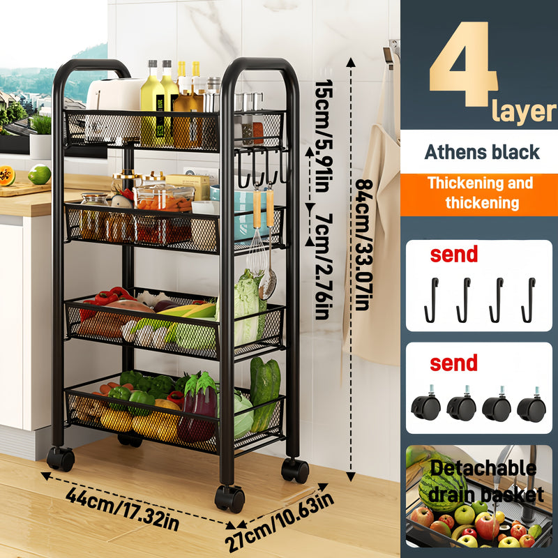 Carrito Multifuncional de Malla con Ruedas, 3-4 Capas Opcionales, Carrito de Almacenamiento de Cocina Metálico, con 3-4 Cestas Metálicas, Ruedas Bloqueables, Apto para Hogar, Oficina, Cocina Negro