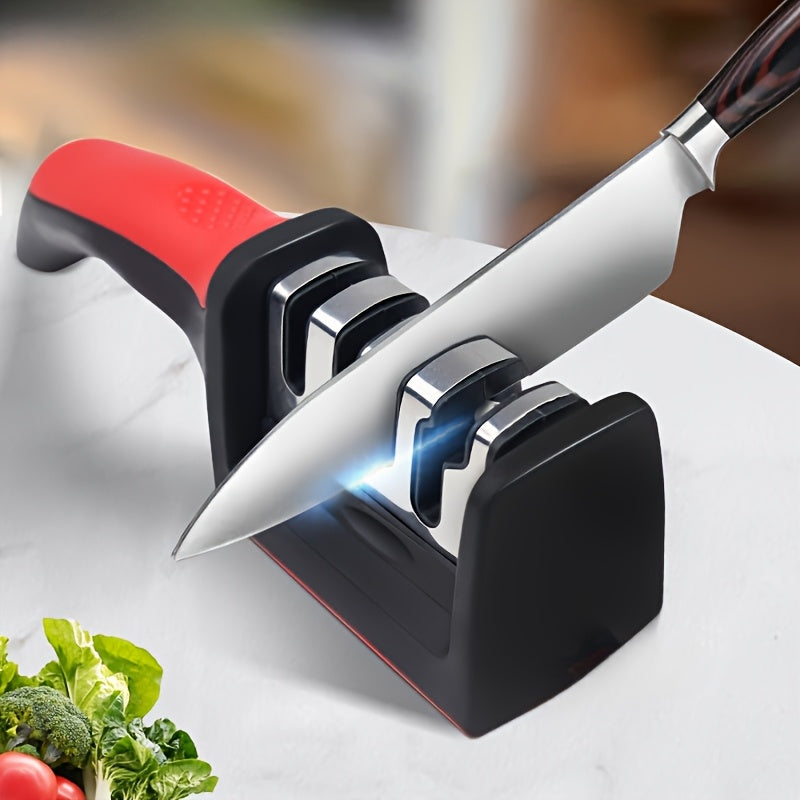 Afiliador Profesional de 3 Etapas - con Mango Antideslizante, Afilado Rápido y Duradero - Colores y Rojo, Construcción Resistente, Ideal para Cocina y BBQ, Regalo Perfecto para el Día del Padre, Herramienta Esencial de Cocina, Diseño Elegante, Material R