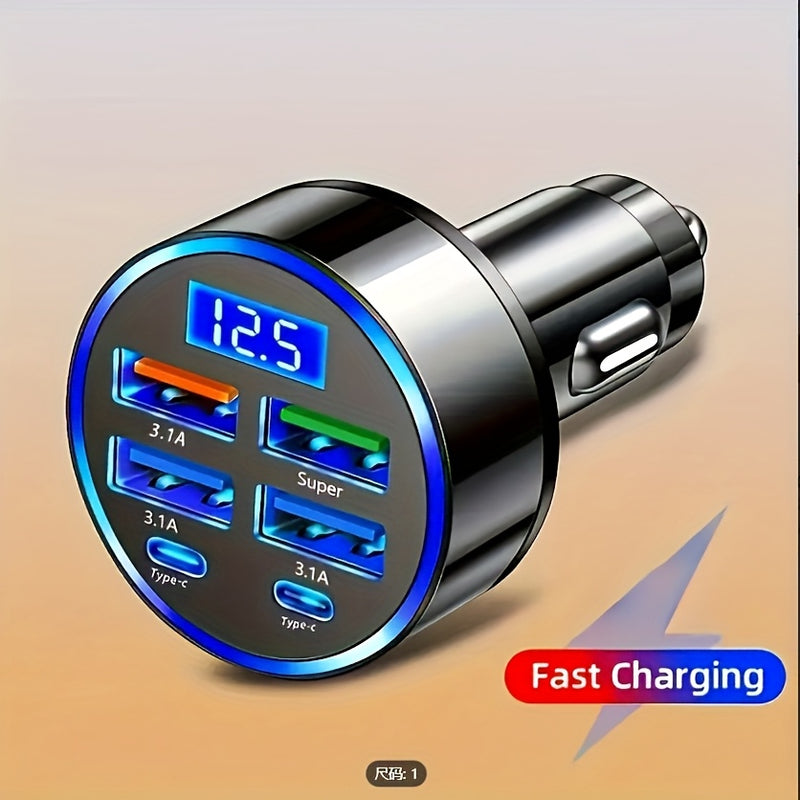 Cargador de coche con función de carga rápida, 4 puertos USB y pantalla digital, cabeza de cargador de teléfono móvil 6 en 1, adecuada para adaptador y accesorios de teléfono móvil de coche, herramienta esencial para coches, carga rápida de teléfono móvi