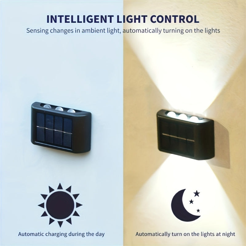 2 luces solares para pared con lente cóncava, luces exteriores para patio con luz cálida/blanca, adecuadas para uso doméstico, villa, jardín, valla, luces para pared, luces exteriores para paisaje