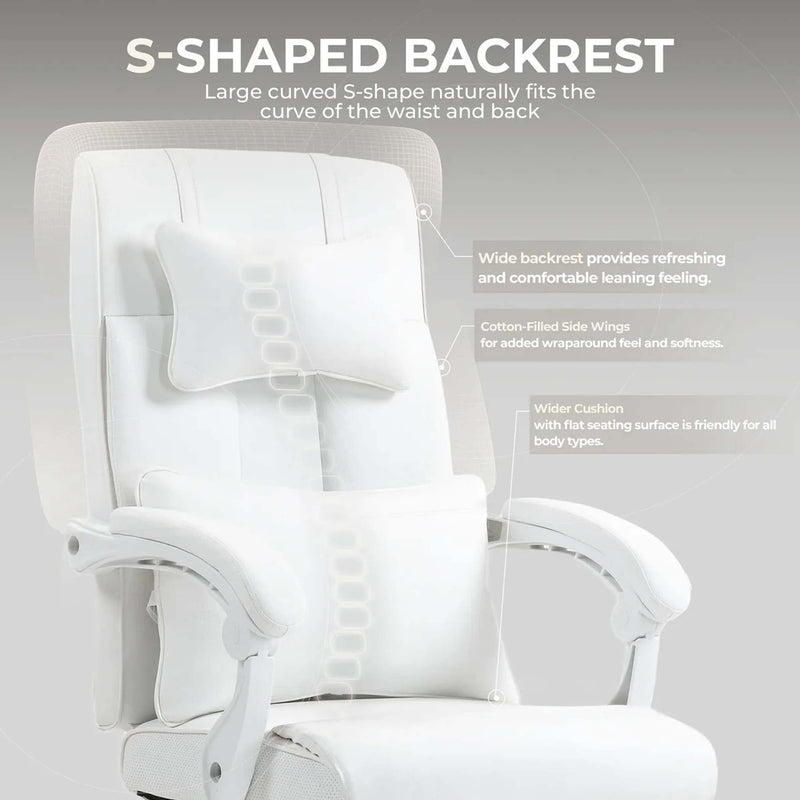 Silla de juego ergonómica para oficina con soporte lumbar y reposabrazos - Altura ajustable, giro de 360°, base de 5 ruedas - Poliéster duradero, blanco - Uso en casa y dormitorio, silla para escritorio