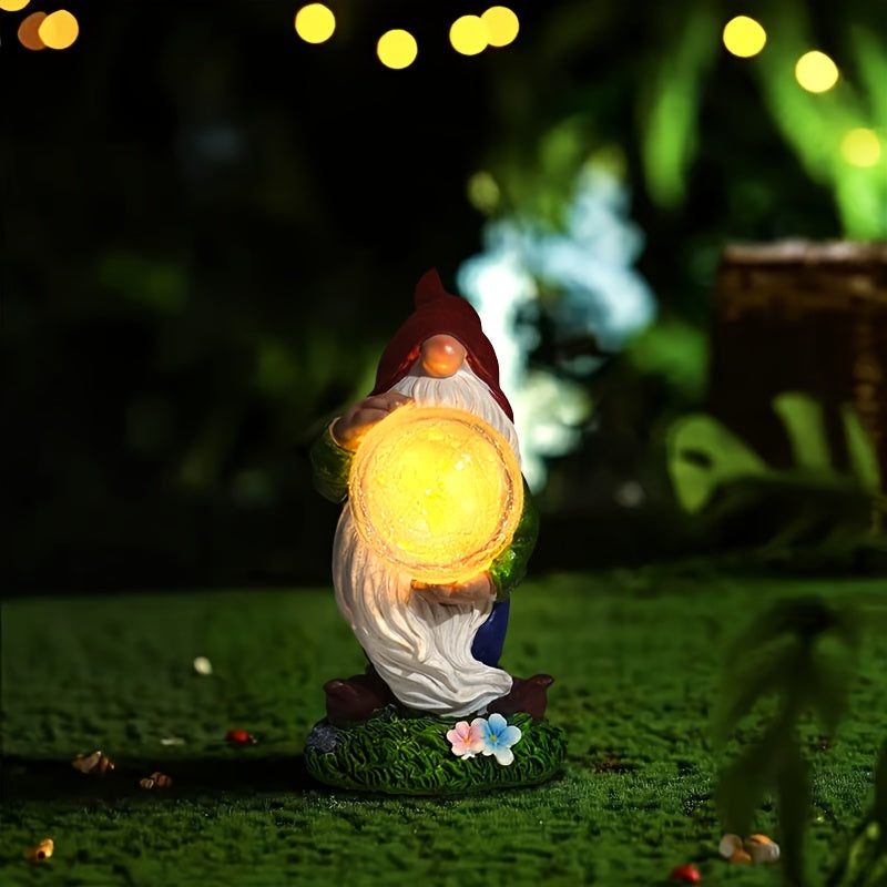 1 pieza de luz de estatua de gnomo alimentada por energía solar, hecha de resina, con sombrero rojo y elfo sosteniendo un globo roto, decoración de jardín al aire libre IP65 con control de botón, tema de cuento de hadas, perfecta para patio, césped y reg