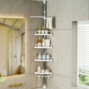 Estantería Retráctil de 4 Niveles para Esquina del Baño, Estante de Ducha con Bandeja Ajustable y Barra Giratoria para Toallas, Fácil Instalación Sin Taladrar, Organizador Montado en Pared para Accesorios y Suministros de Baño, Caddy de Ducha