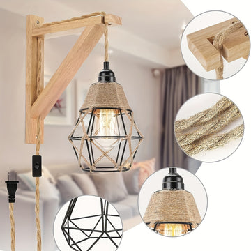 Lámpara de pared rústica de madera con interruptor, base E26, 60W, montaje semiempotrado, bombilla no incluida, estilo de granja