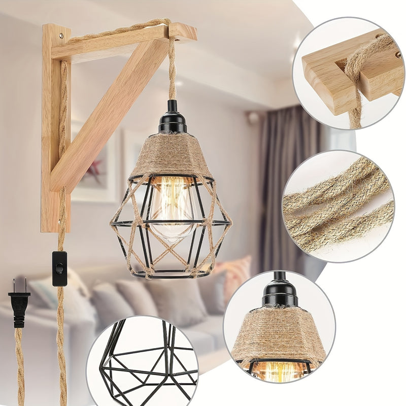 Lámpara de pared rústica de madera con interruptor, base E26, 60W, montaje semiempotrado, bombilla no incluida, estilo de granja