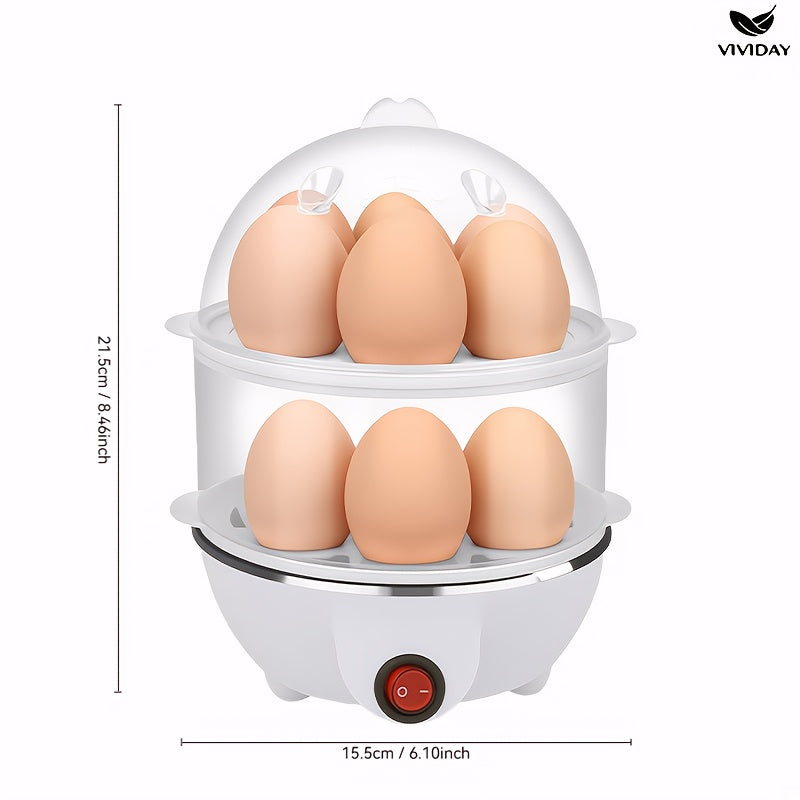 VIVIDAY Cocinador de Huevos de Doble Capa, Blanco, Enchufe de EE. UU., Material PP, 110V, Operación de 1 botón, Control de Temperatura Preciso, Anti-Quemaduras, Antiadherente, con Sartén, para Cocina, Dormitorio, Uso Doméstico, Cocina 14 Huevos a la Vez