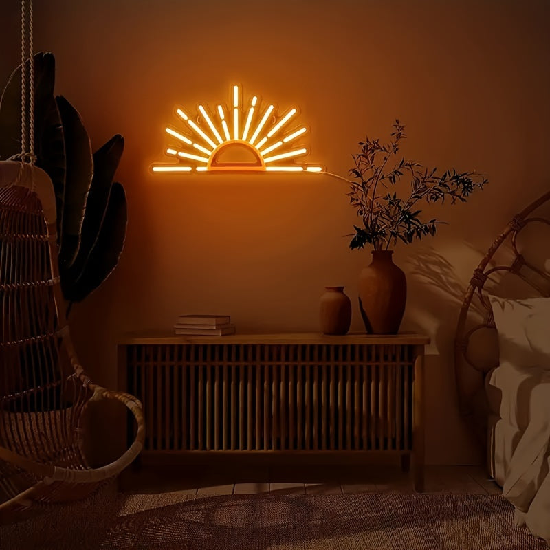 Letrero de neón naranja de atardecer o amanecer, 1 unidad, luces LED de pared con diseño de sol en el horizonte, decoración para habitación, sala, cocina, baño u oficina, funciona con USB