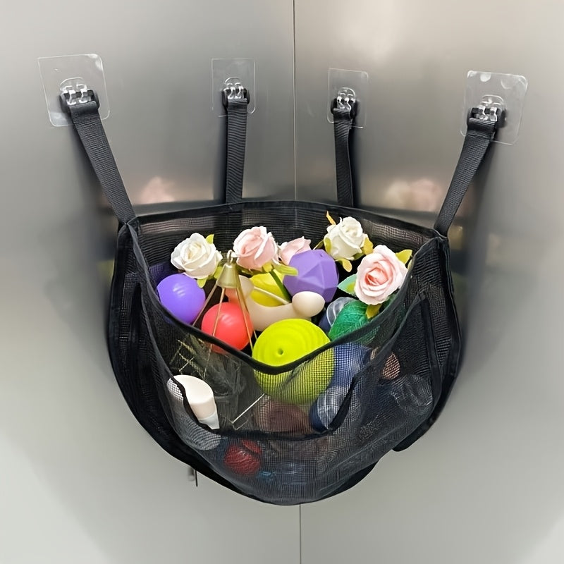 Bolsa organizadora de juguetes de baño para niños de gran capacidad - Almacenamiento de malla impermeable con correas negras, ideal para juguetes de bañera, champú y jabón, con diseño divertido y personajes de dibujos animados.