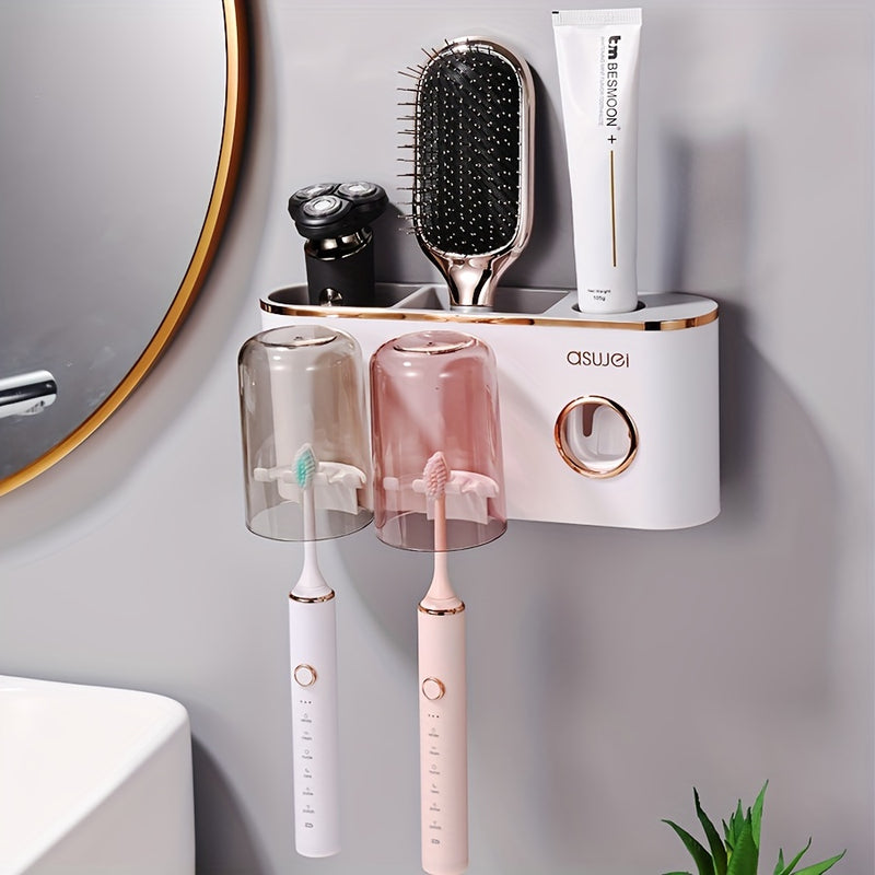 Juego de Soporte para Cepillos de Dientes Montado en la Pared con Taza para Enjuague - Sin Taladro, Organizador de Baño que Ahorra Espacio para Pasta Dental y Cepillos