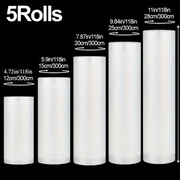 5 rollos de bolsas de sellador de vacío portátil con textura, malla de un solo lado, desechables, para carne, frutas, granos, verduras, organizadores de cocina y almacenamiento, accesorios de cocina.