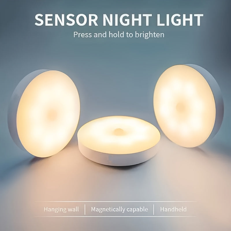 3 luces nocturnas LED con sensor de movimiento magnético, recargables 200mAh por USB, lámparas de pared y piso, encendido/apagado automático, diseño magnético portátil, plástico duradero para pasillo, clóset, escaleras, dormitorio, escritorio, lámpara de