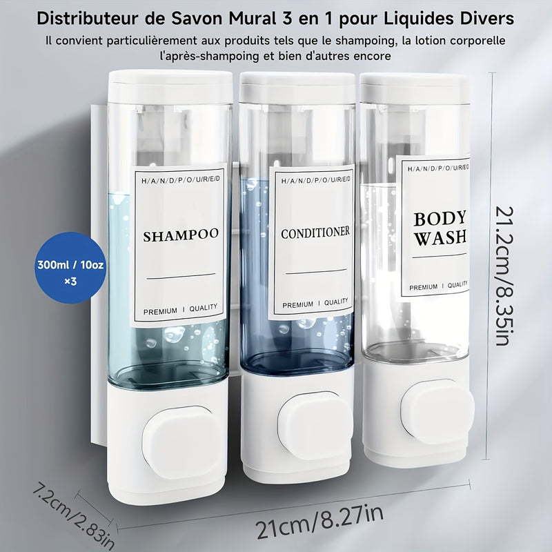1 dispensador de jabón de pared, libre de ftalatos, tres en uno, no eléctrico, material plástico ABS, no requiere taladrar, con funciones de gel de ducha, champú y acondicionador, para baños, cocinas, mercados, hoteles, restaurantes.