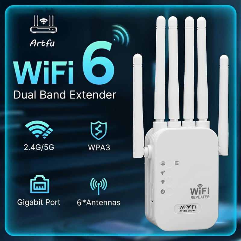 2025 Nuevo Potente Amplificador de WiFi, Repetidor de WiFi, 1200Mbps WiFi, Enchufe de EE. UU. (100-240V) para Cobertura en Hogares/Oficinas, Amplificador de Señal de WiFi de Alta Velocidad con Fuertes 6 Antenas - Puerto de Ethernet Conectado, Señal Poten